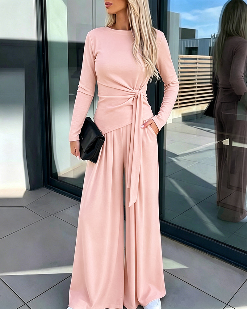 CHICME ESSENCE Women's 2 Piece Knit Lounge Set Long Sleeve Tie Waist Top and High Waisted Wide Leg Pants Casual Soft Sweatsuit with Pockets