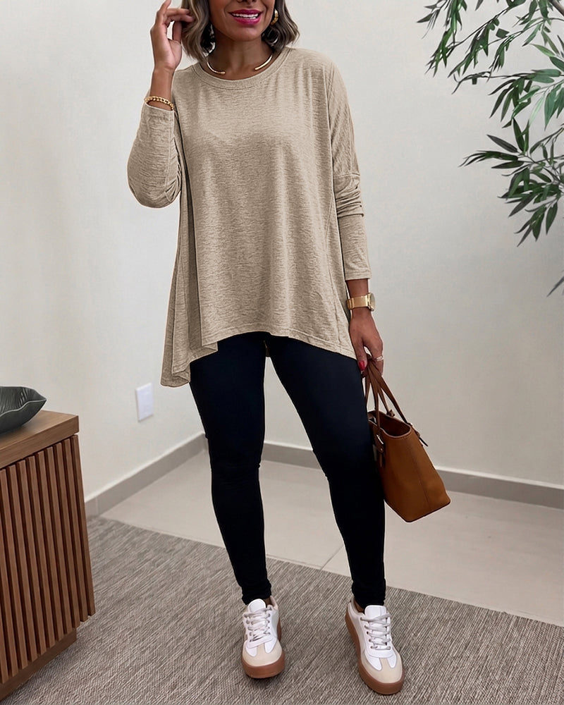 Women's Asymmetric Hem Long Sleeve Top Loose Fit Dropped Shoulder Crewneck Soft Slouchy Casual Tee