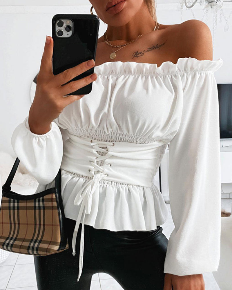 Frill Trim Off Shoulder Long Sleeve Lace-up Front Blouse Casual Shirred Waist Flared Hem Top