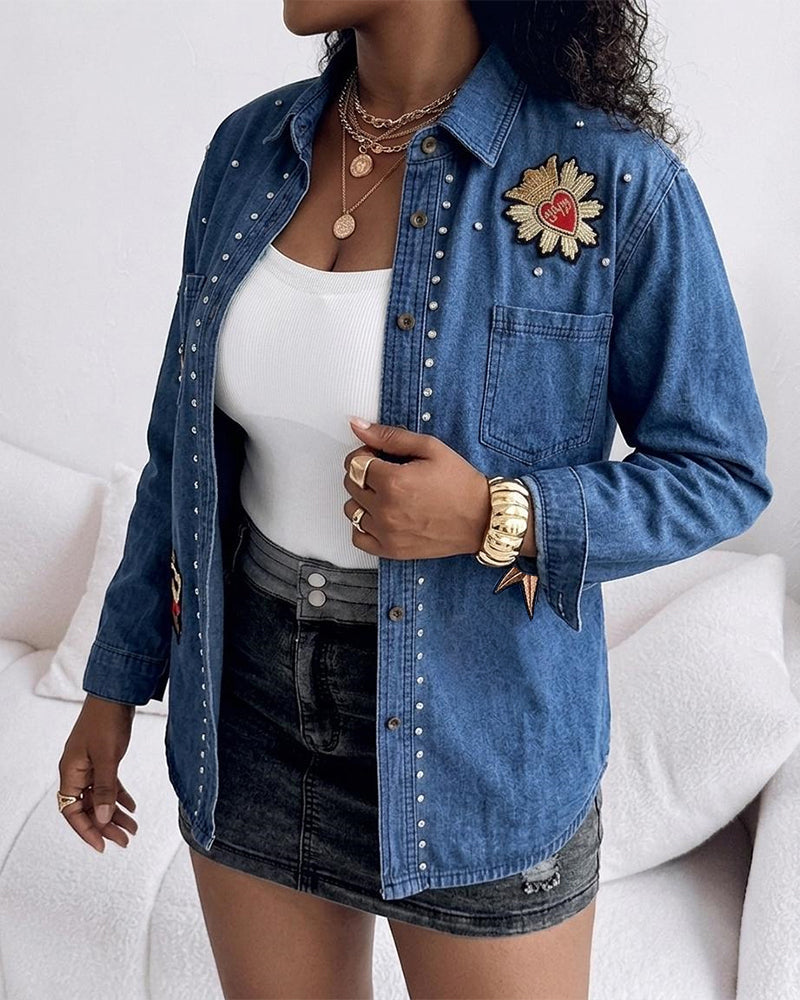 Women's Rhinestone Denim Shacket Vintage Badge Embroidered Button Down Long Sleeve Washed Jean Jacket