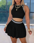 2 Pieces Outfit Round Neck Sleeveless Crop Tank Top and Elastic Waist Pleated Mini Skirt Set Casual Contrast Paneled Set
