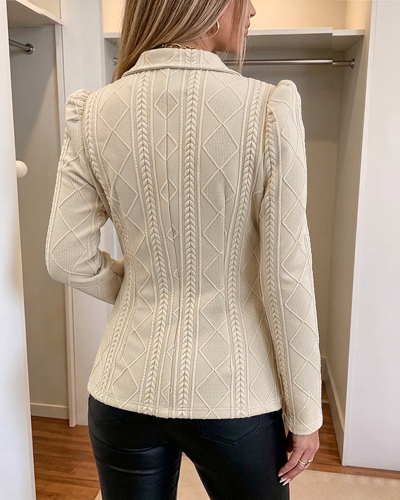 Women's Elegant Argyle Textured Blazer Slim Fit Puff Sleeve Suit Jacket Gold Button Work Office Commuter Blazer with Pockets