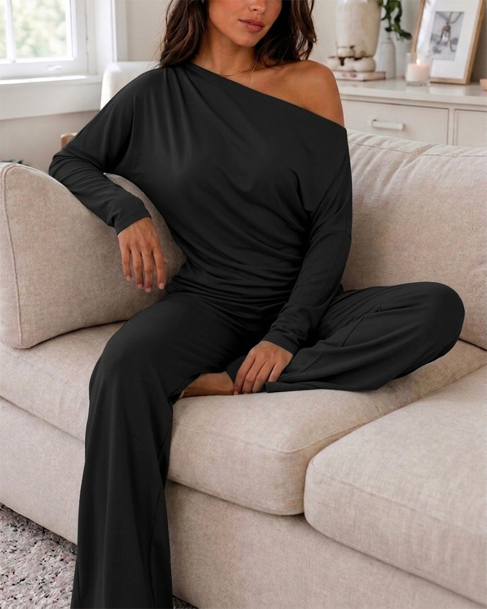 CHICME ESSENCE Women's 2 Piece Lounge Set Skew Neck Ruched Asymmetric Hem Long Sleeve Top and Wide Leg Pants Matching Outfit