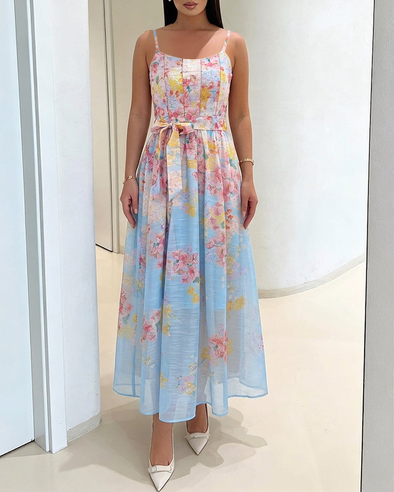 CHICME Women's Watercolor Floral Cami Dress Adjustable Straps High Waist A-Line Maxi Dress with Matching Belt