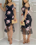 Women's Floral Mesh Slit Dress Rhinestone Pearls Decor Straps Cold Shoulder Ruffle Hem Dress Sexy Bodycon Party Dress