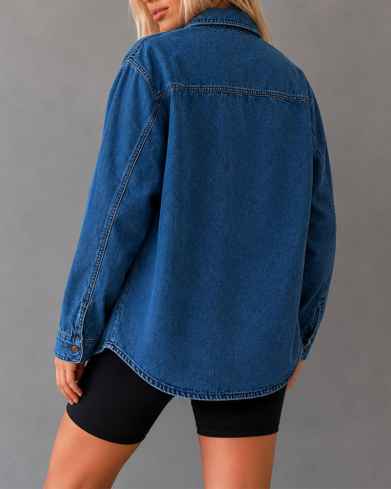 Women's Rhinestone Denim Shacket Vintage Badge Embroidered Button Down Long Sleeve Washed Jean Jacket