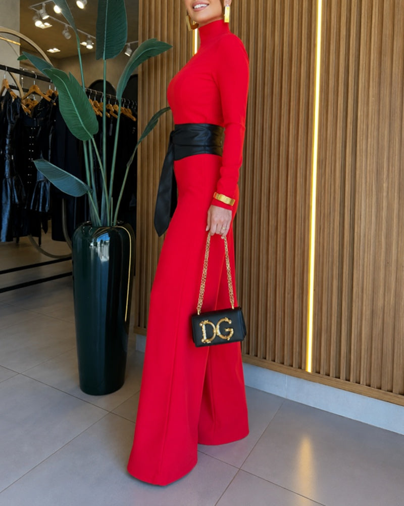 Women's One Shoulder Jumpsuit Mock Neck Asymmetric Long Sleeve Wide Leg Overalls Tie Waist Evening Jumpsuit
