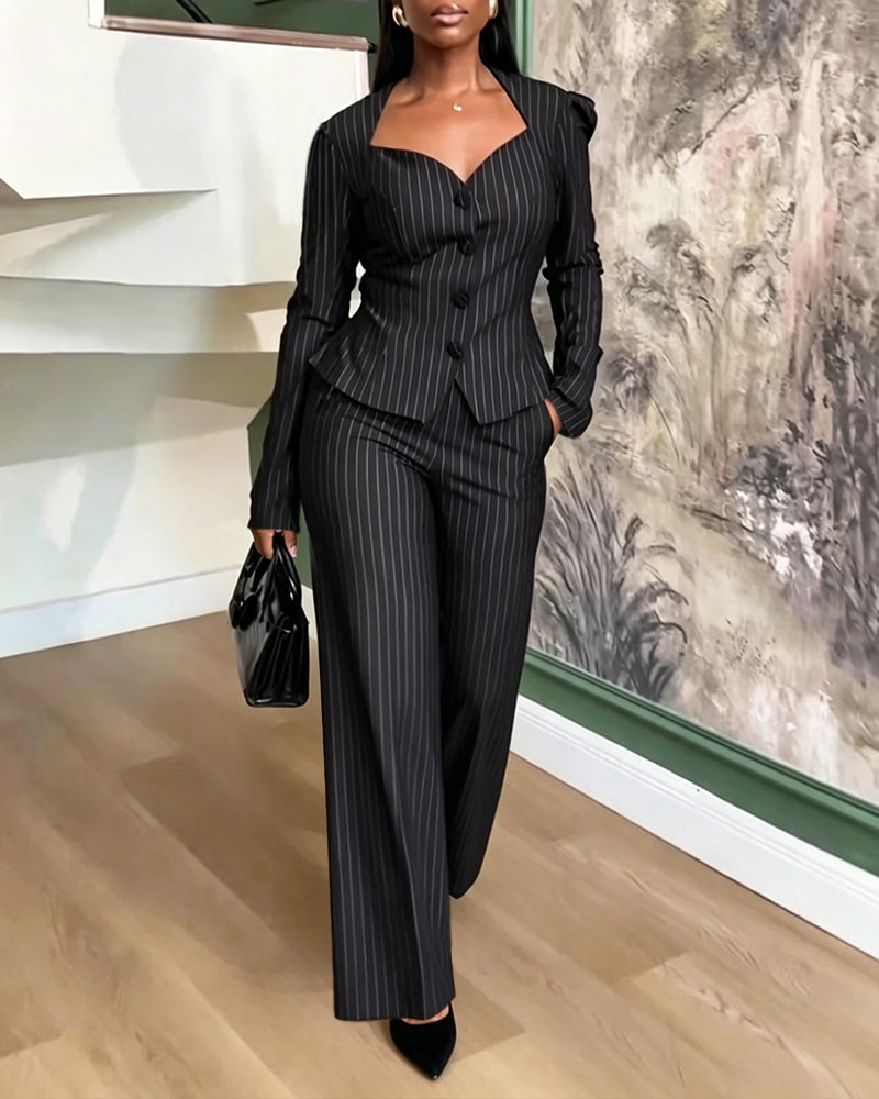 Women's 2 Piece Stripe Suit Elegant Sweetheart Neck Peplum Blazer and High Waisted Wide Leg Pants Business Outfits
