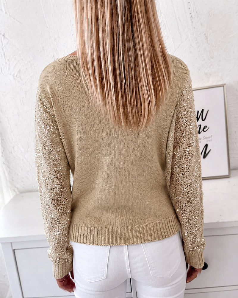 Women's Sequin Knit Sweater Loose Skew Neck Pullover Top Sheer Hollow Out Shimmering Long Sleeve Top