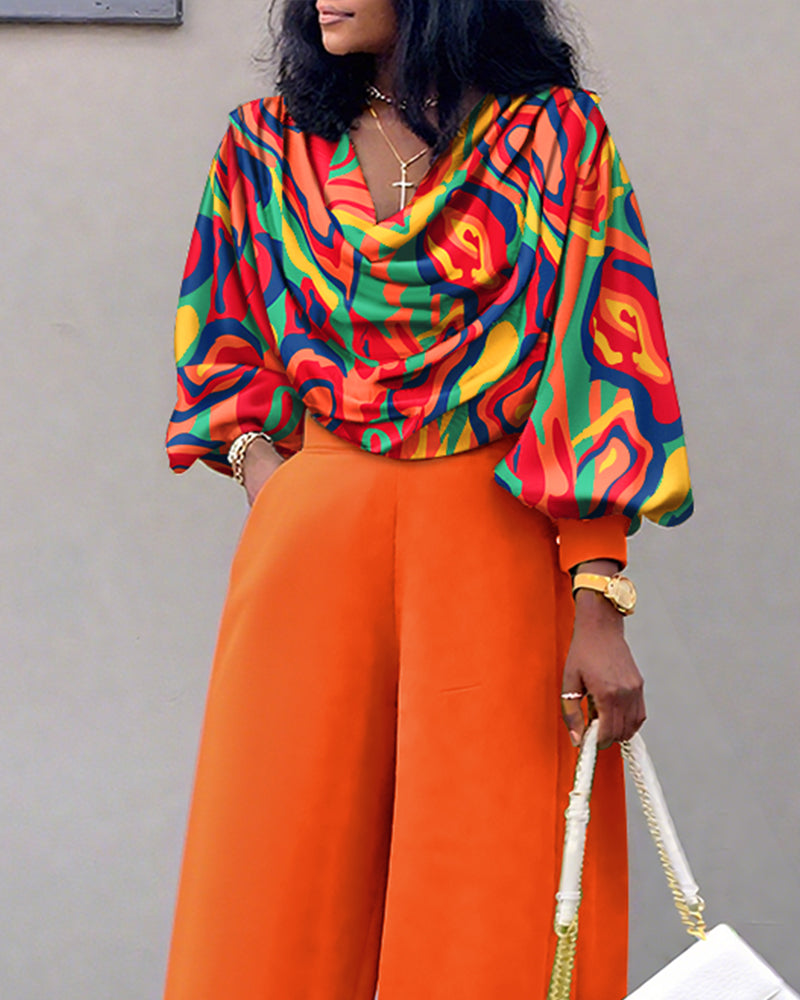 2 Pieces Outfit Multi-color All Over Print Cowl Neck Lantern Sleeve Stretchy Hem Loose Crop Top and Casual Elastic Back Waist Wide Leg Pants Set