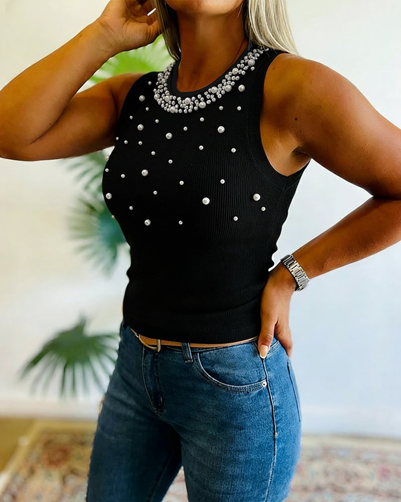 Women's Pearls Slim Fit Tank Top Sleeveless O-neck Ribbed Knit Tee