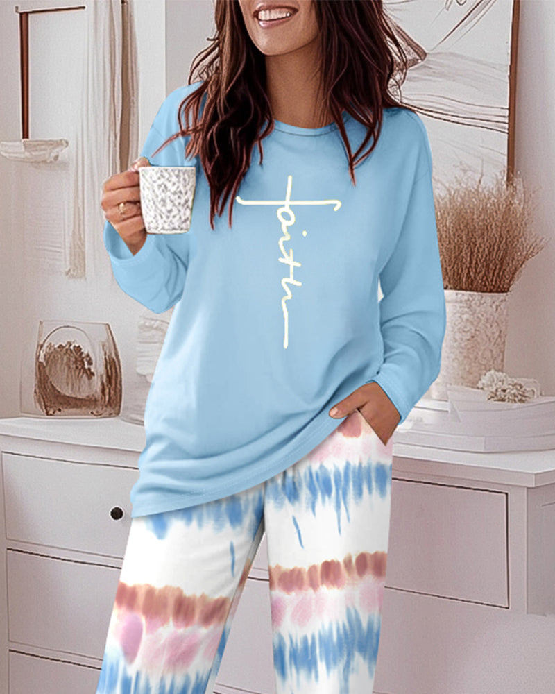 2 Pieces Outfit Letter Print Long Sleeve Top and Tie Dye Print Elastic Waist Pants Set Casual Pajamas Set