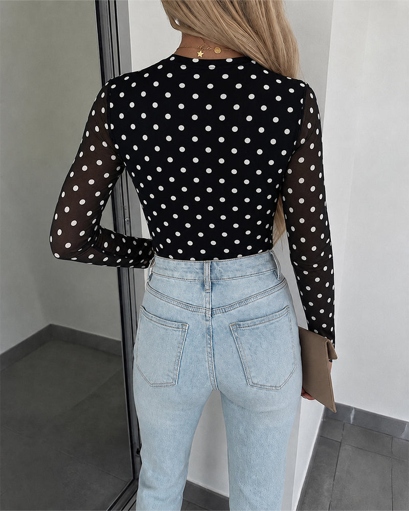 Women's Mesh Polka Dot Top Lined Sheer Long Sleeve Tee Crewneck Slim Fit Layering Under Base Top with Thumbholes