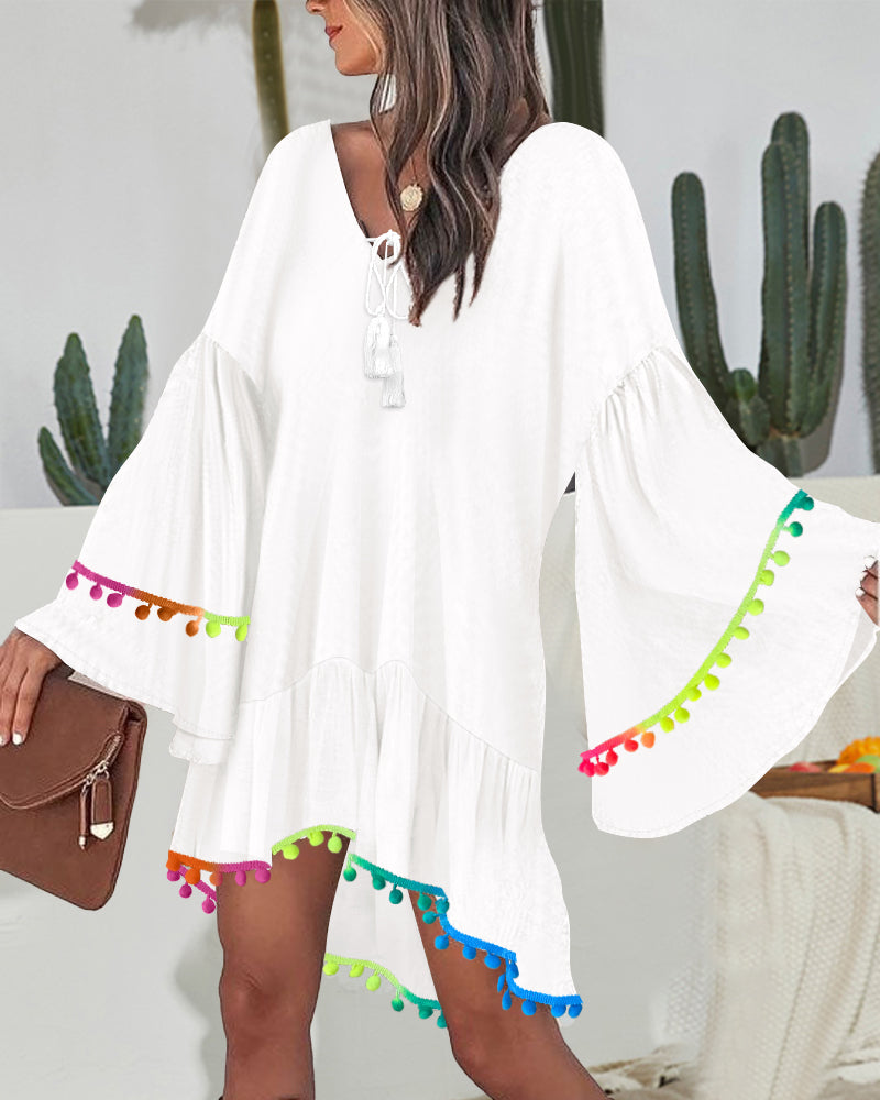 Colorblock V-Neck Bell Sleeve A Line Tassel Mini Dress Vacation Dress