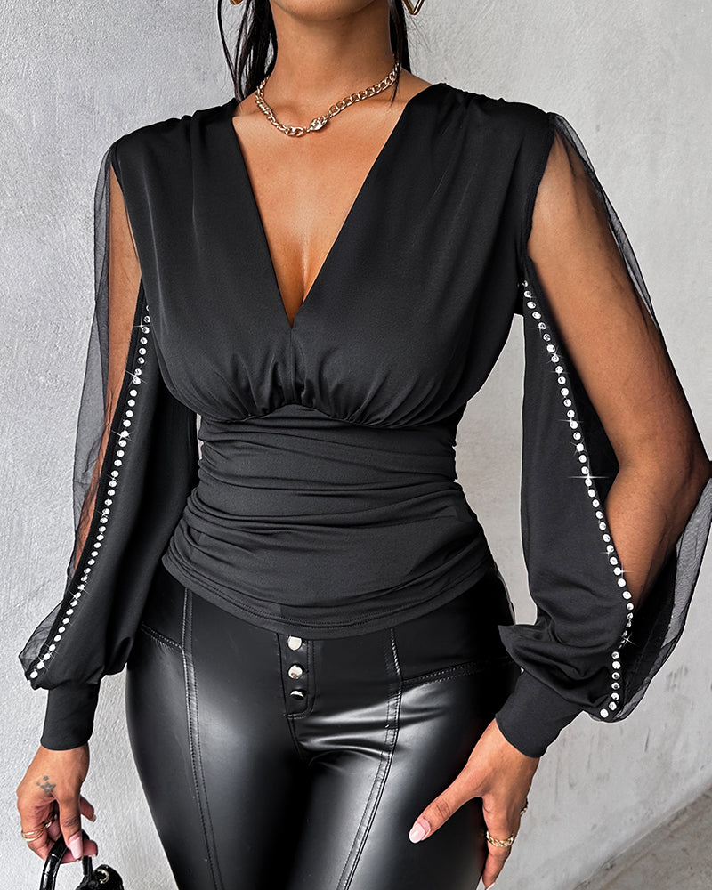 Women's Deep V Neck Ruched Top Mesh Lantern Sleeve Blouse Rhinestone Decor Slim Fit Pullover
