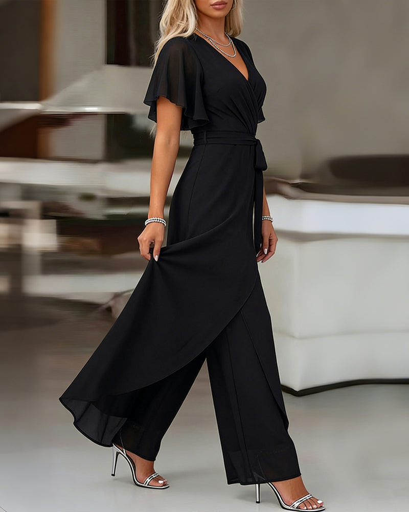 Women's Overlap V Neck Jumpsuit Butterfly Sleeve Wide Leg Romper Tied Waist Shirred Back Split Leg Overalls