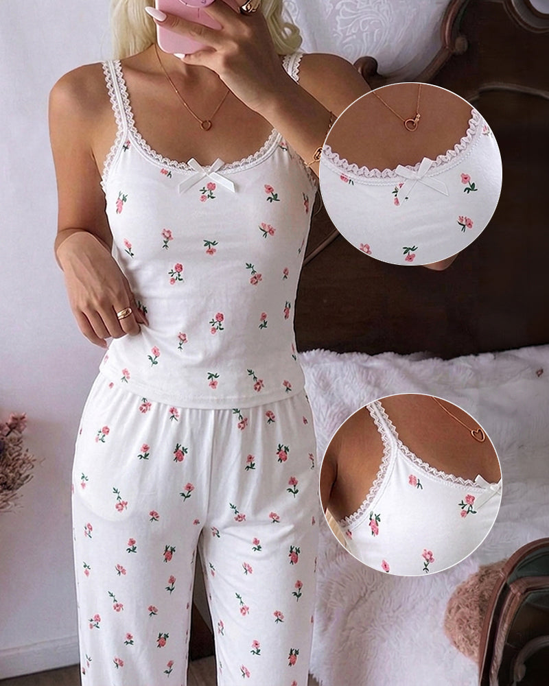 Women's Ditsy Floral Print 2 Piece Pajamas Set Lace Cami Top and Pants Casual Loungewear Bowknot Sleepwear