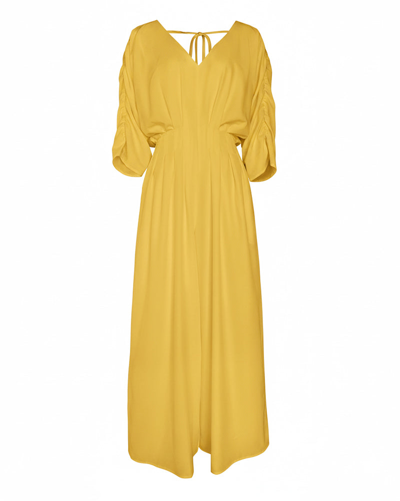 Deep V-Neck Ruched Three Quarters Sleeve Backless Overalls Casual Waist-Gathered Tied Detail Jumpsuit without Belt