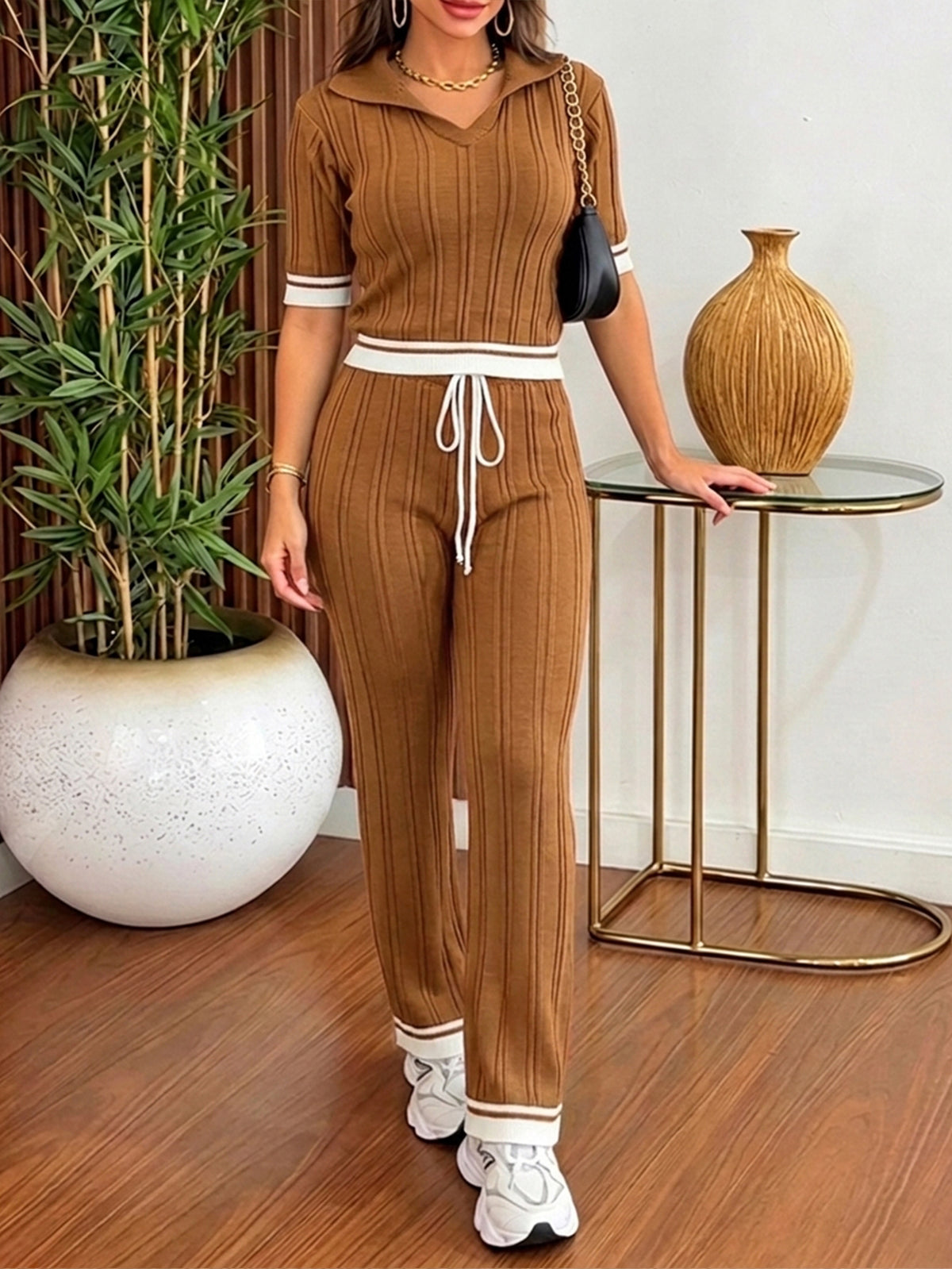 CHICME ESSENCE Women's Two Piece Knit Set Contrast Binding Short Sleeve and Drawstring Straight Leg Pants Casual Lounge Set