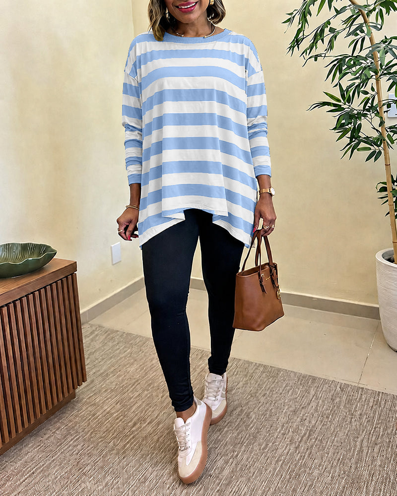 Women's Striped T Shirt Long Sleeve Drop Shoulder Crewneck Tee Side Slit Casual Loose Fit Top