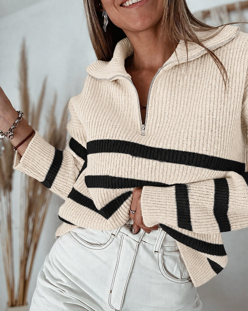 Women's Half Zip Striped Sweater Colorblock Turn-down Collar Knit Pullover Drop Shoulder Loose Fit Top
