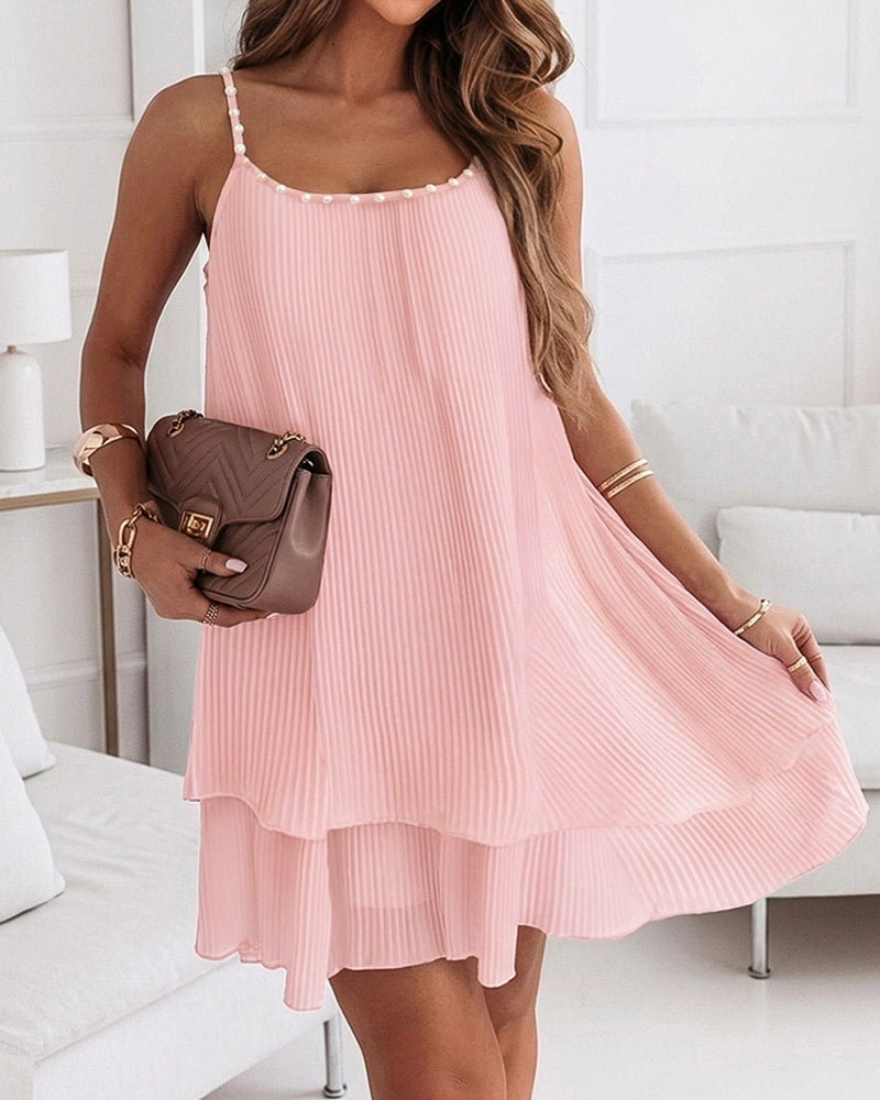 Women's Pearls Embellished Straps Mini Dress Backless Pleated Dress Casual Double Layer Lettuce Trim Cami Sun Dress