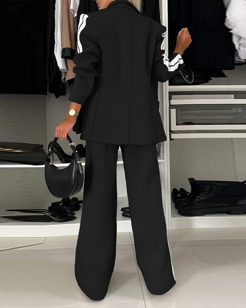 2 Pieces Outfit Notched Collar Single Breasted Pockets Design Coat And Elastic Waist Seam Front Wide Leg Pants Set Casual Contrast Side Striped Blazer Set