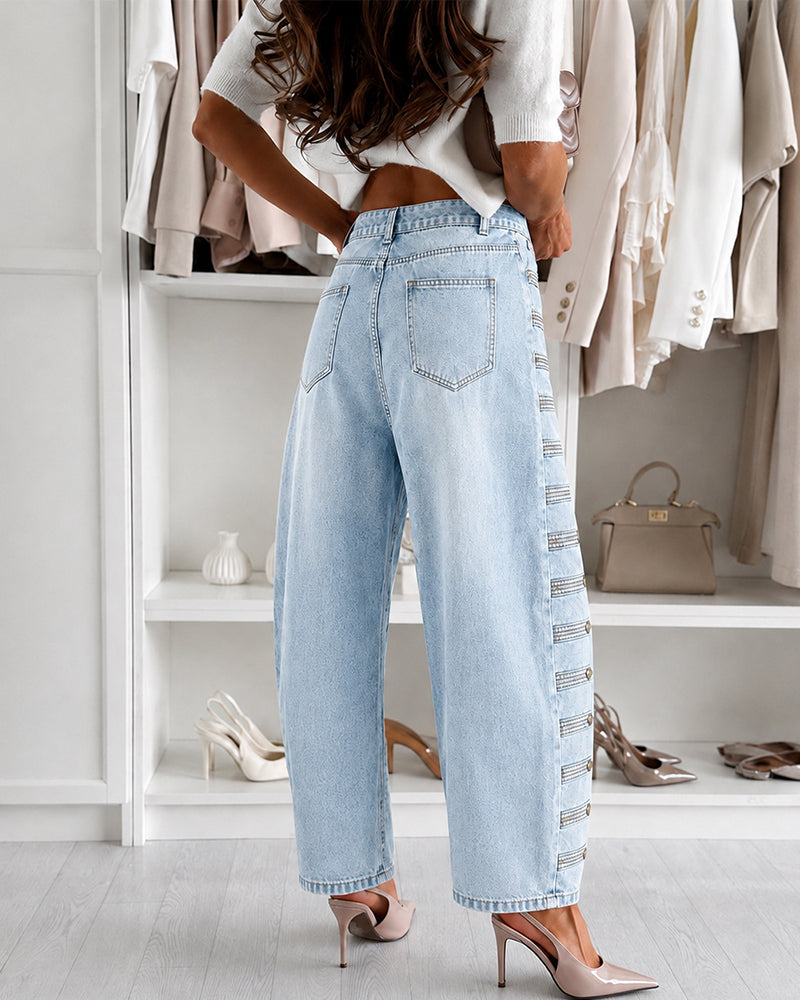 Women's Wide Leg Jeans High Waisted Side Button Denim Pants Distressed Washed Trousers Retro Y2K Streetwear