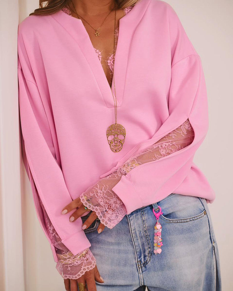 Women's Lace Patchwork Notch Neck Sweatshirt Casual Drop Shoulder Pullover Split Sleeve Top