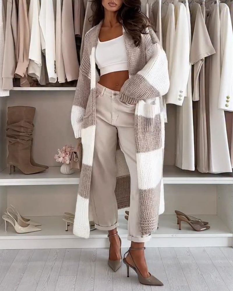 Women's Checkerboard Knit Cardigan Oversized Long Chunky Sweater Loose Lantern Sleeve Coat with Pockets