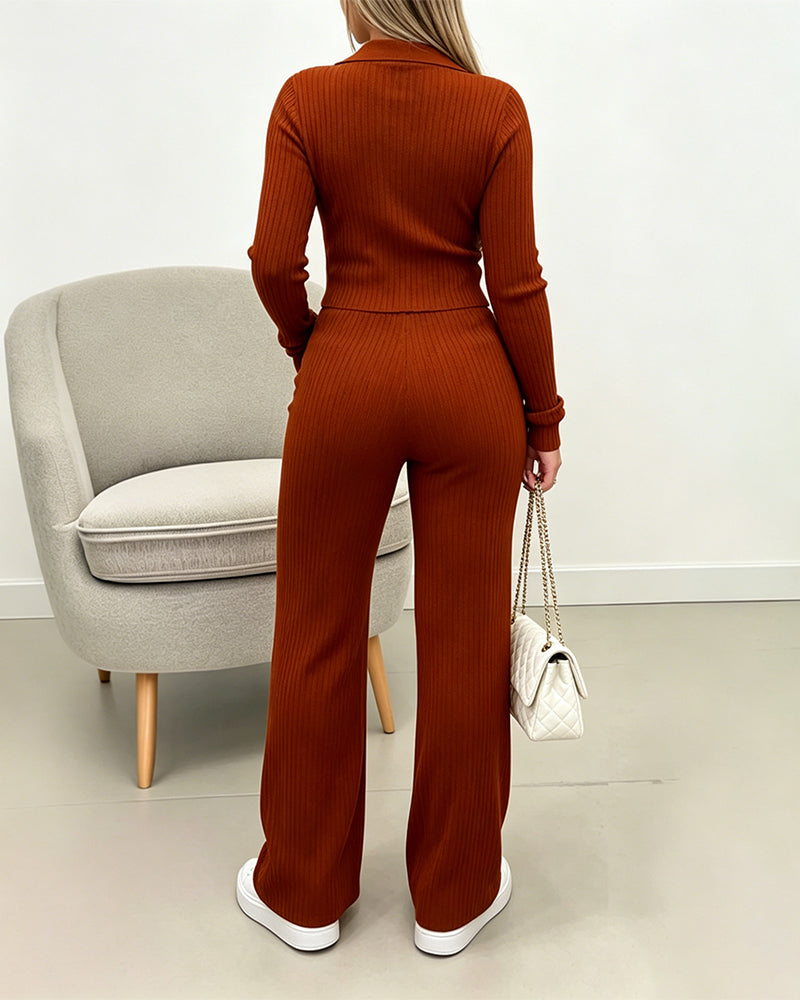 Women's Three Piece Knit Outfit Collared Two Way Zipper Coat and V Neck Tank Top and Bootcut Pants Ribbed Set