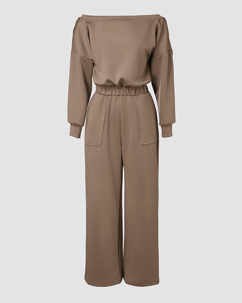 Off Shoulder V Back Elastic Waist Pockets Design Jumpsuit Casual Drop Shoulder Cinched Waist Wide Leg Jumpsuit