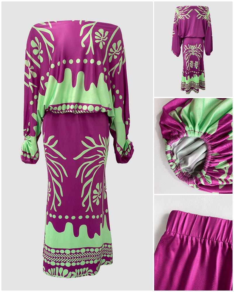2 Pieces Outfit Skew Neck Lantern Sleeve Loose Fit Top and High Waist Elastic Waist Fishtail Maxi Skirt Set Casual Tropical Print Vacation Set