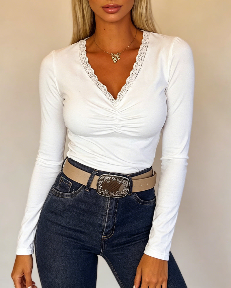 Women's Lace V Neck Ruched T Shirt Slim Fit Long Sleeve Tee Casual Elegant Top