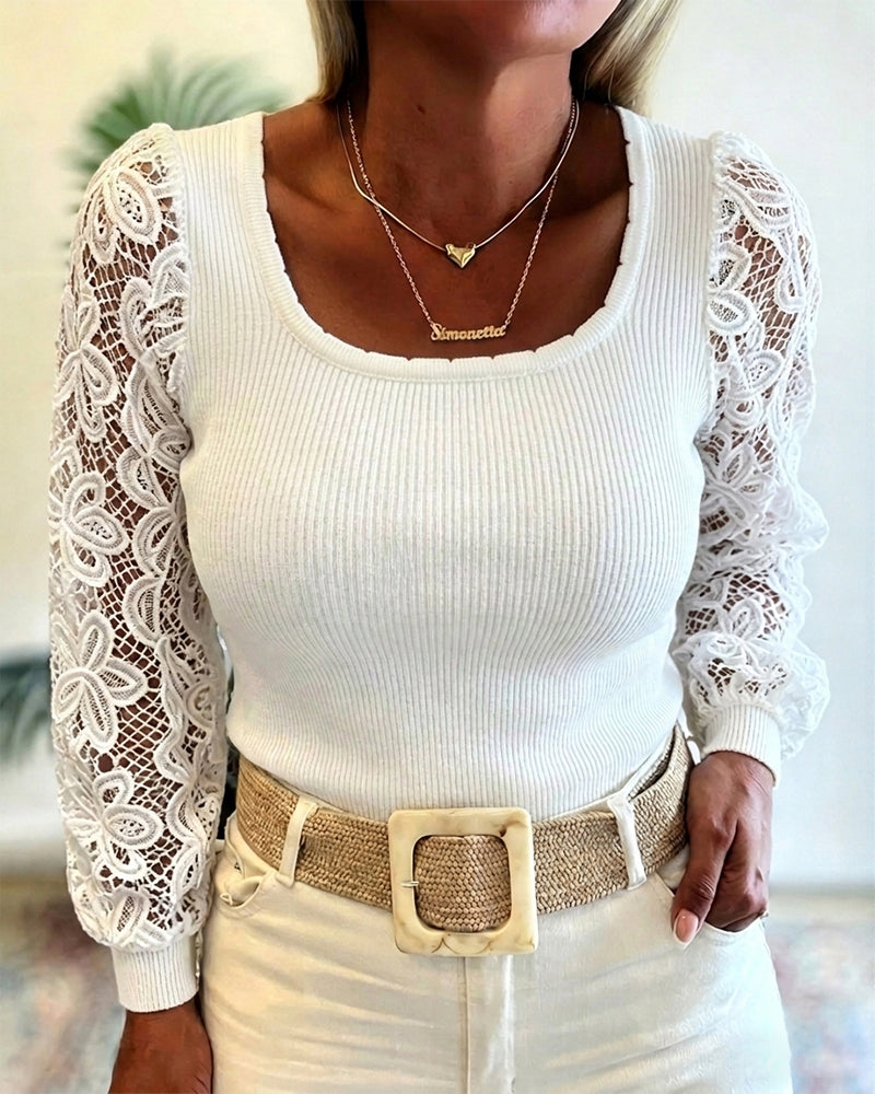 Women's Ribbed Knit Top Square Neck Lace Long Sleeve Shirt Slim Fit Elegant Pullover Top