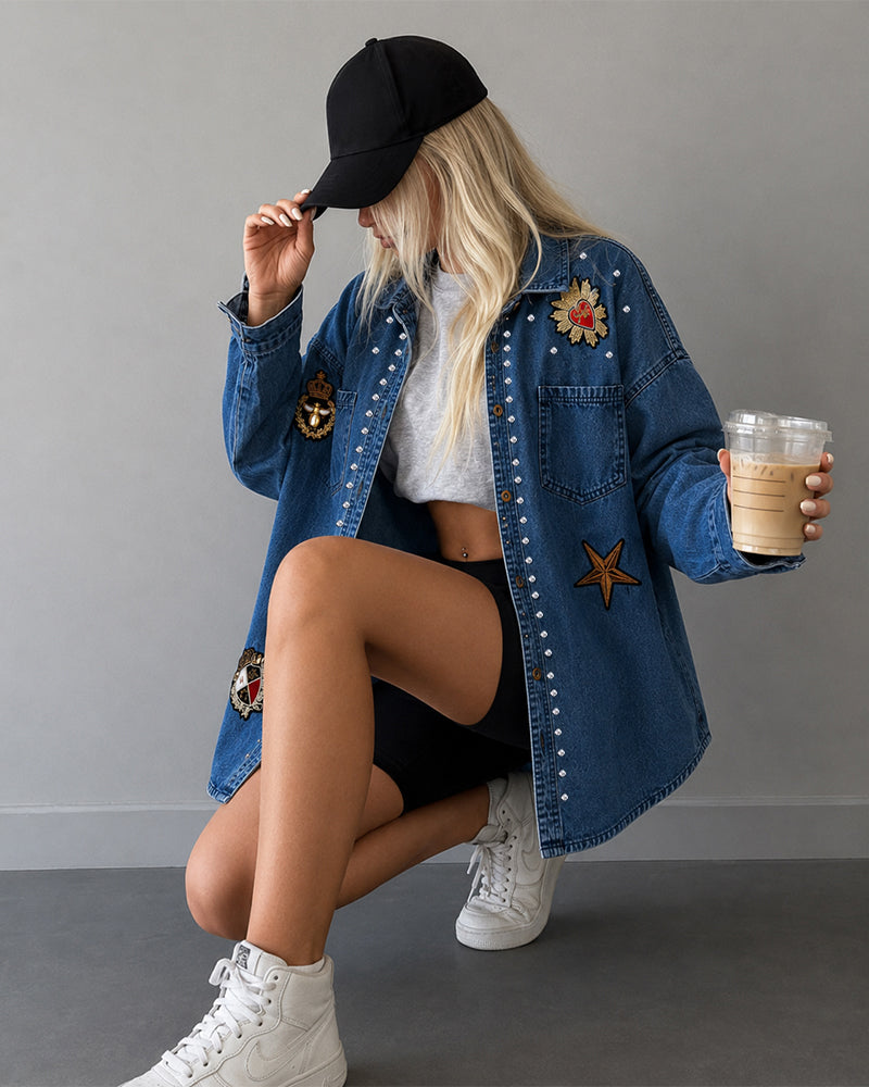 Women's Rhinestone Denim Shacket Vintage Badge Embroidered Button Down Long Sleeve Washed Jean Jacket
