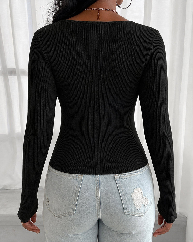 Women's Overlap V Neck Long Sleeve Ribbed Knit Top Rhinestone Side Button Ruched Slim Fit Asymmetric Hem Sweater