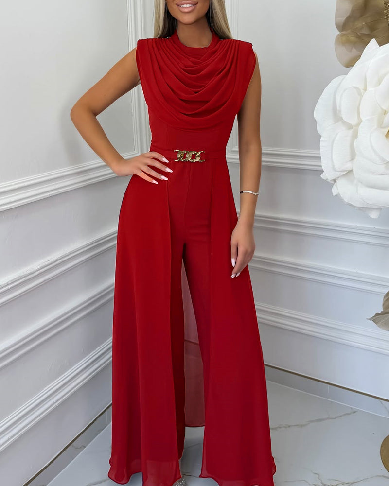Women's Cowl Neck Wide Leg Jumpsuit High Waist Sleeveless Chiffon Overlay Spliced Evening Overalls with Belt