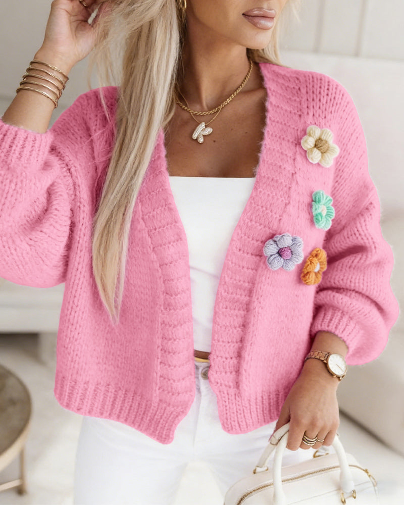 Women's 3D Floral Knit Cardigan Long Sleeve Crochet Sweater Casual Crop Coat