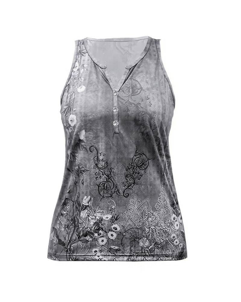 CHICME Women's Casual Floral Print Tank Top Sleeveless Notch Neck Vest with Rhinestone Accents