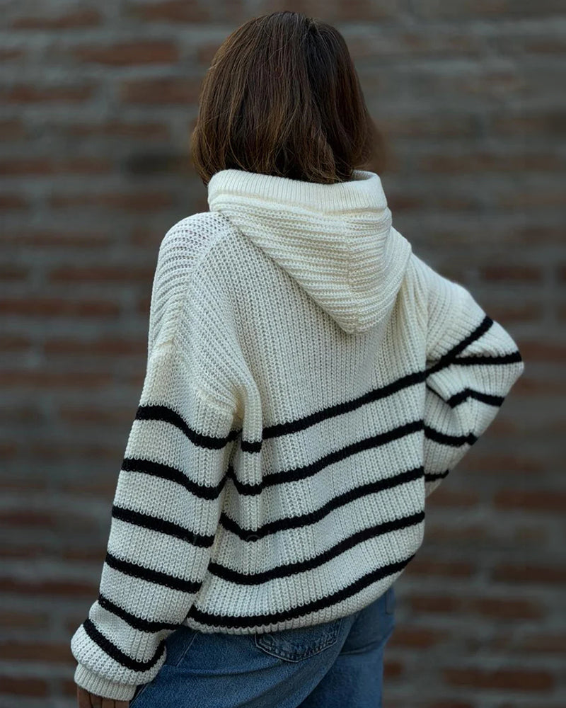 Women's Striped Henley Drawstring Hooded Sweater Loose Fit Lantern Sleeve Knit Pullover