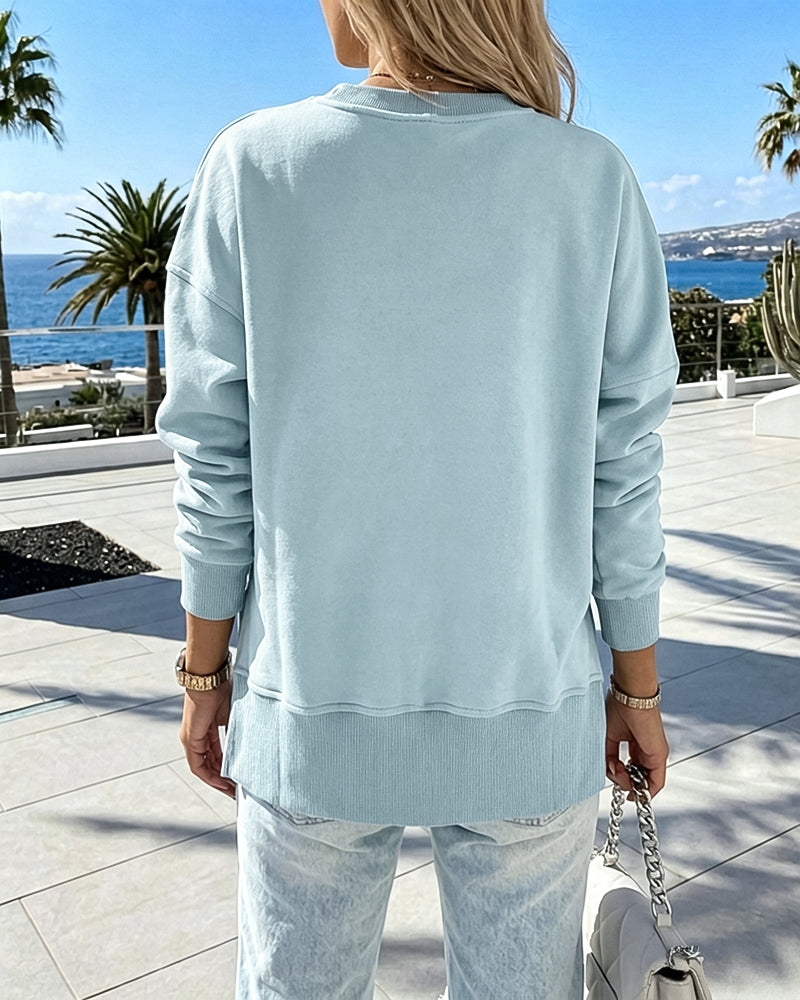 Women's Loose Crewneck Sweatshirt Embossed Letter Print Pullover Top Casual Side Slit Top