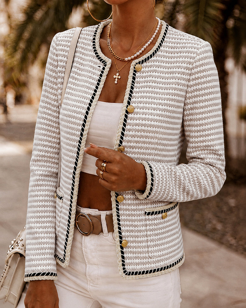 Women's Striped Knit Coat Contrast Binding Button Down Cardigan Round Neck Crop Blazer Coat with Pockets