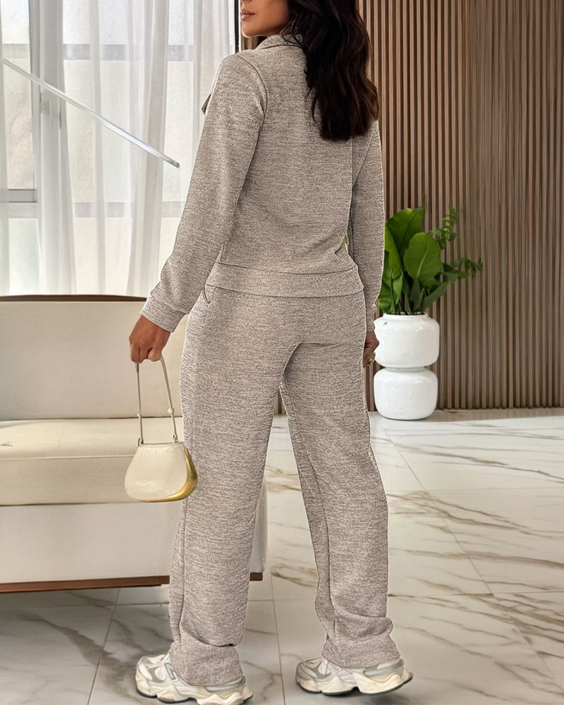 Women's Casual Tracksuit Set Zip Up Long Sleeve Lapel Jacket and High Waisted Straight Leg Pants Lounge Set with Pockets