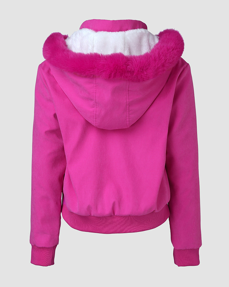 Fuzzy Trim Jacket Hooded Zip Up Fleece Lined Coat Outwear with Pockets