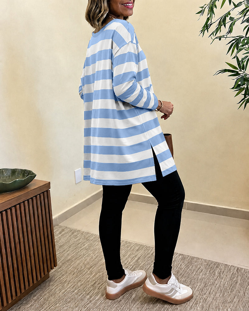 Women's Striped T Shirt Long Sleeve Drop Shoulder Crewneck Tee Side Slit Casual Loose Fit Top