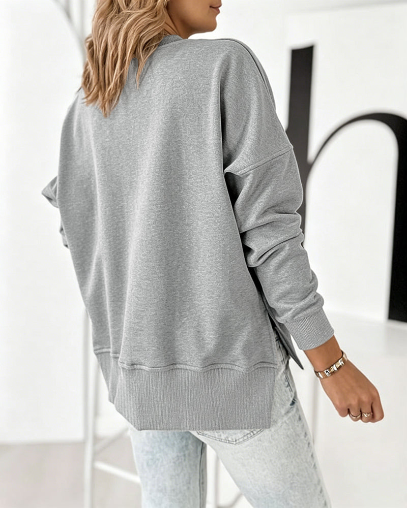 Women's Loose Crewneck Sweatshirt Embossed Letter Print Pullover Top Casual Side Slit Top