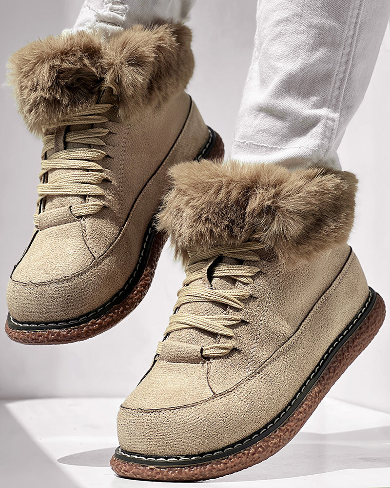 Fuzzy Detail Lined Lace-up Snow Boots