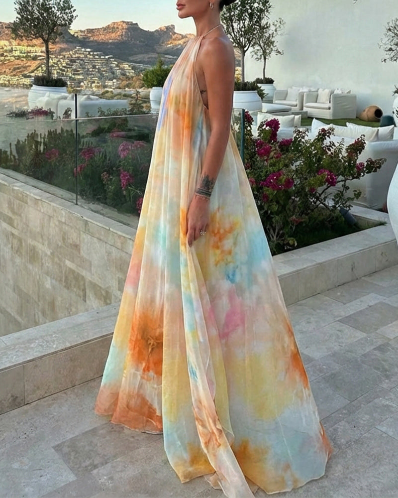 CHICME Women's Tie Dye Print Chiffon Maxi Dress Halter Neck Backless Tied Flowy A-Line Long Dress for Vacation
