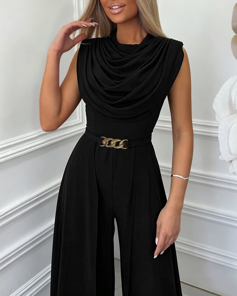 Women's Cowl Neck Wide Leg Jumpsuit High Waist Sleeveless Chiffon Overlay Spliced Evening Overalls with Belt